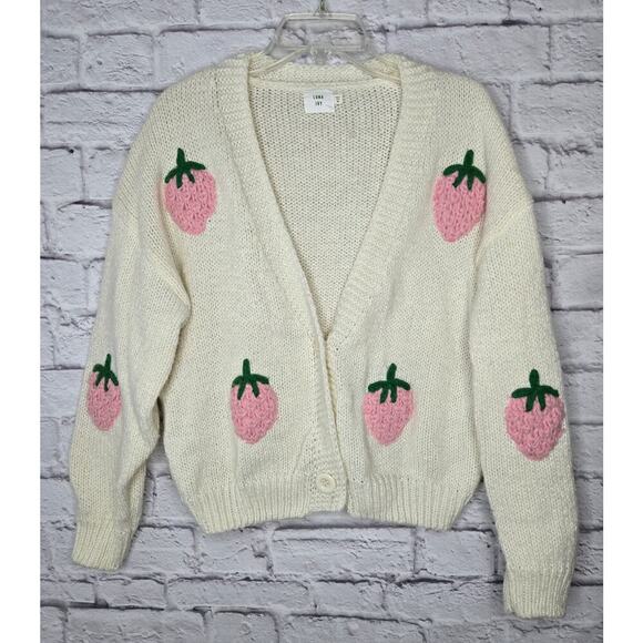 Luna Ivy Oversized Cream Strawberry Knit Cardigan Sweater Womens Medium Preppy - Picture 2 of 9